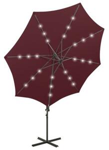 Parasol wiszący z LED i słupkiem, bordowy, 300 cm