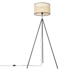 Wiejska lampa podłogowa statyw czarny z rattanowym kloszem - Kata Oswietlenie wewnetrzne