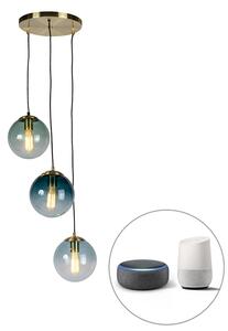 Lampa wisząca art deco mosiądz okrągła 3-źródła światła WiFi E27 ST64 niebieskie szkło - Pallon Oswietlenie wewnetrzne