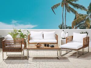 Zestaw mebli ogrodowych fotele sofa podnóżek stolik drewniane z poduchami Bermuda Beliani