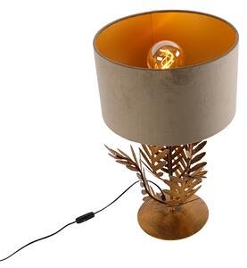 Vintage lampa stołowa złota klosz welurowy szarobrązowy 35cm - Botanica Oswietlenie wewnetrzne