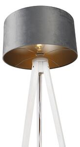 Nowoczesna lampa podłogowa statyw biały z szarym kloszem welurowym 50 cm - Tripod Classic Oswietlenie wewnetrzne