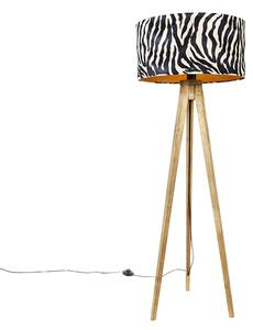Vintage lampa podłogowa drewniany abażur wzór zebry 50 cm - Tripod Classic Oswietlenie wewnetrzne