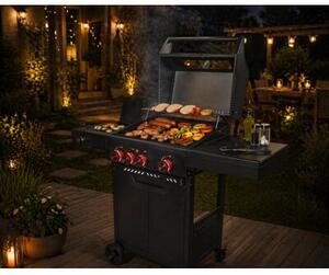 Grill gazowy HEATWAVE 3+1 LED żeliwny ruszt 11.9kW ogród 113,4×49,2×109,4