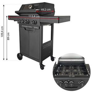 Grill gazowy HEATWAVE 3+1 LED żeliwny ruszt 11.9kW ogród 113,4×49,2×109,4