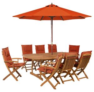 Zestaw mebli ogrodowych stół parasol 8 krzeseł drewno akacjowe czerwone poduchy Maui Beliani