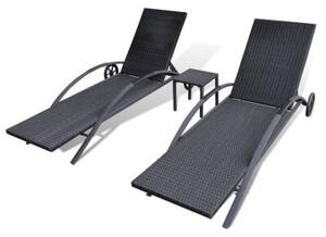 Leżaki ze stolikiem, rattan pe, czarne