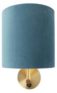 Kinkiet / Lampa scienna vintage złoty z włącznikiem klosz welurowy niebieski - Matt Oswietlenie wewnetrzne