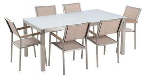 Zestaw ogrodowy stół biały szklany blat 180x90cm 6 krzeseł beżowych Grosseto Beliani