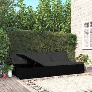 Rozkładane łóżko ogrodowe z poduszkami, polirattan, czarne
