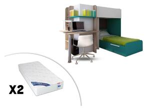 Łóżko piętrowe SAMUEL – 2 × 90 × 190 cm – wbudowane biurko – kolor sosna biała i turkusowy – 2 materace 90 × 190 cm