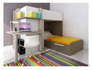 Łóżko piętrowe SAMUEL – 2 × 90 × 190 cm – wbudowane biurko – kolor sosna biała i brązowy