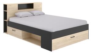 Łóżko LEANDRE z zagłówkiem, skrzyniami i szufladami - 140x190 cm - Kolor: Dąb i antracyt