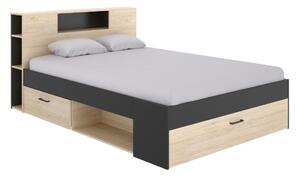 Łóżko LEANDRE z zagłówkiem, skrzyniami i szufladami - 160x200 cm - Kolor: Dąb i antracyt