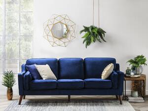 Sofa kanapa trzyosobowa drewniane nóżki welurowa retro niebieska Lokka Beliani