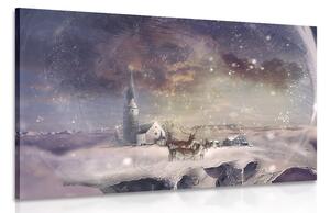 Obraz jelenia w zaśnieżonej wiosce