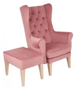 Zestaw pufa Uszak + fotel Uszak Chesterfield, różowy, wygodny, tapicerowany, do salonu, z pikowaniem