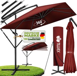 Tillvex® Parasol Aluminiowy Prostoktny Ø 330 cm Czerwony + pokrowiec z korbk | Kwadratowy parasol wspornikowy ze stojakiem i wiatrochronem | Parasol ogrodowy Ochrona UV aluminium | Parasol z korbk Wodoodporny Obracany o 360