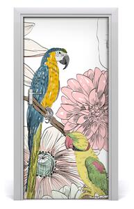 Naklejka samoprzylepna na drzwi Papugi i kwiaty