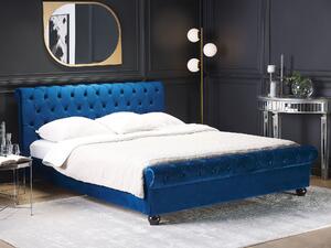 Łóżko welurowe niebieskie 180 x 200 pikowane wezgłowie ze stelażem brązowe nóżki Avallon Beliani