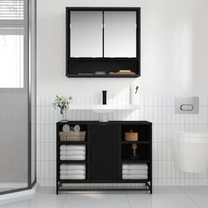 Nowoczesna półka ścienna z lustrem w kolorze czarnego dębu, 3 półki, 2 drzwi, minimalistyczny design