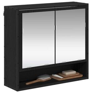 Nowoczesna półka ścienna z lustrem w kolorze czarnego dębu, 3 półki, 2 drzwi, minimalistyczny design