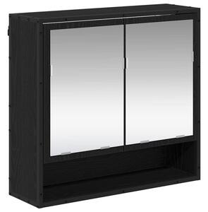 Nowoczesna półka ścienna z lustrem w kolorze czarnego dębu, 3 półki, 2 drzwi, minimalistyczny design