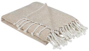 Koc beżowy bawełniany frędzle w jodełkę ręcznie wykonany 130 x 160 cm Tilmi Beliani