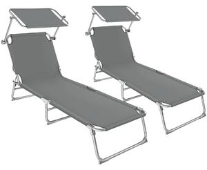 Tectake 2 x leżak plażowy ogrodowy z daszkiem - 4 pozycji - szary