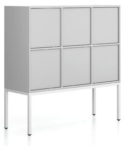 Szafa biurowa FRAME, niska, podstawa biała, 6x drzwi, 1299 x 450 x 1331 mm, PUSH-lock, szary