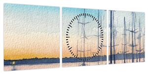 Obraz - Żeglarstwo, akwary (z zegarem) (90x30 cm)