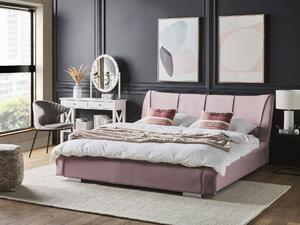Nowoczesne łóżko welurowe 160 x 200 cm wysoki zagłówek różowe Nantes Beliani