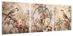 Obraz - Obraz ptaka w stylu vintage (z zegarem) (90x30 cm)