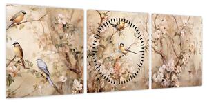 Obraz - Obraz ptaka w stylu vintage II. (z zegarem) (90x30 cm)