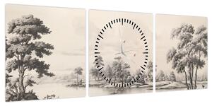 Obraz - Rysunek krajobrazu w stylu vintage (z zegarem) (90x30 cm)