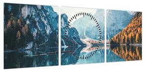 Obraz - Łodzie na jeziorze Braies (z zegarem) (90x30 cm)