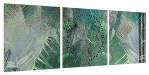 Obraz - Tekstura betonu z liśćmi (z zegarem) (90x30 cm)