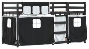 Łóżko piętrowe z zasłonkami, biało-czarne, 75x190 cm, sosnowe