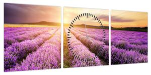 Obraz - Wschód słońca na polu lawendy (z zegarem) (90x30 cm)