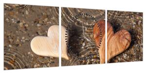 Obraz - Drewniane serca (z zegarem) (90x30 cm)