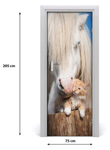 Naklejka samoprzylepna na drzwi Biały koń z kotem