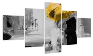 Obraz - Zakochana para pod parasolem, żółty (125x70 cm)