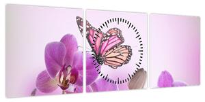 Obraz - Motyl na kwiatach orchidei, liliowy (z zegarem) (90x30 cm)