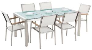 Zestaw ogrodowy stół szklany tłuczony blat 180x90cm 6 krzeseł białych Grosseto Beliani
