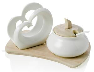 Zestaw cukiernicy i serwetnika z porcelany i bambusu Brandani Double Heart