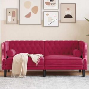Sofa chesterfield z waÅkami, dwuosobowa, bordowa, aksamit