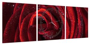 Obraz - Czerwona róża z kroplami rosy (z zegarem) (90x30 cm)
