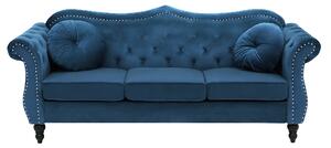 Trzyosobowa sofa welurowa pikowana niebieska z okrągłymi poduszkami Skien Beliani