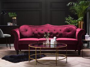 Trzyosobowa sofa welurowa pikowana czerwona z okrągłymi poduszkami Skien Beliani