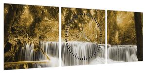 Obraz - Wodospad, vintage (z zegarem) (90x30 cm)